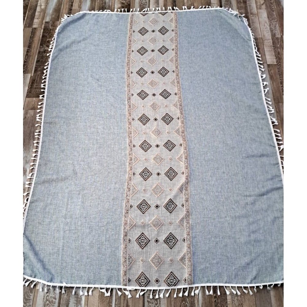 Cotton Linen Tablecloth Rectangular Knit Fringe Metallic Green Modern 70x53